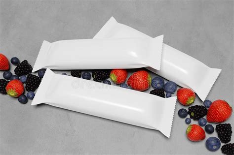 Download Mock Up Of A Cereal Bar Packaging On A Concrete Background With Red Fruits - 3d Rendering Stock ...
