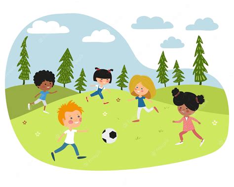 Les Enfants Jouent Au Football Sur Le Terrain Les Garçons Et Les Filles Jouent Avec Un Ballon