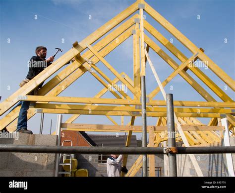 Self Building House Constructing Roof Joiner Fixing Roof Trusses In