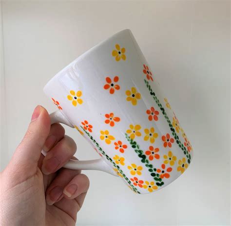 Hand Painted Porcelain Mug Yellow And Orange Floral With Etsy