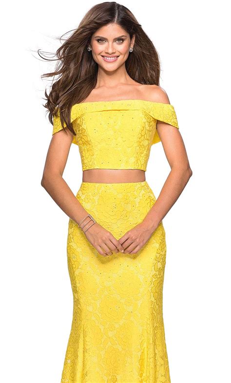 La Femme 27443 Off Shoulder Laced Two Piece Mermaid Gown Couture Candy