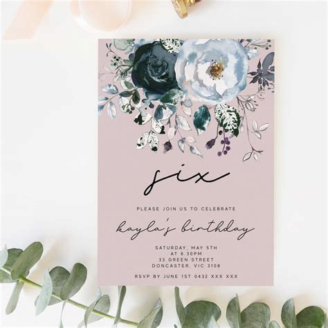 Blush Floral Printable 6th Birthday Invitation Instant Etsy