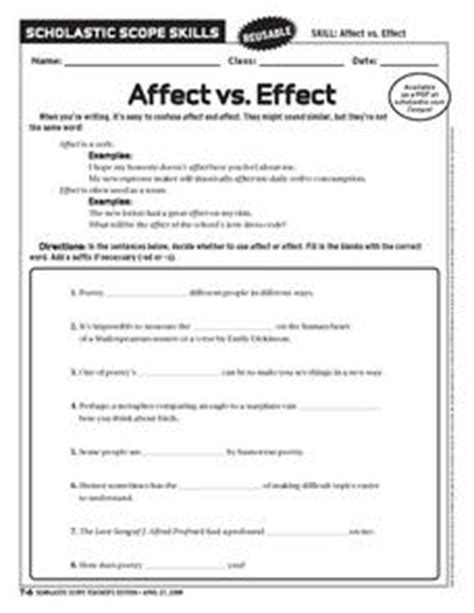 Contrast the usage of 'affect' (influence) and 'effect' (result); Affect Vs. Effect 6th - 10th Grade Worksheet | Lesson Planet