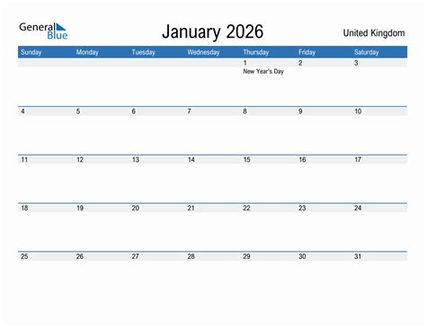 Editable January 2026 Calendar With United Kingdom Holidays