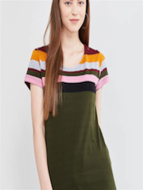 Buy Max Women Olive Green Striped Round Neck Pure Cotton T Shirt