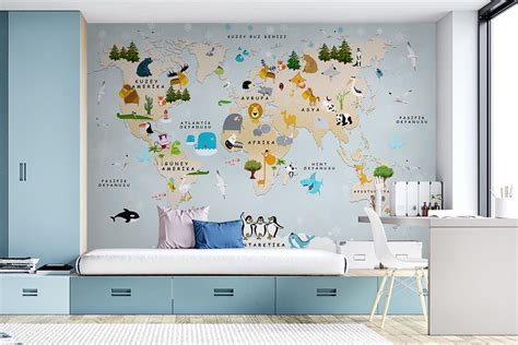 Dünya Haritası ve Renkli Sevimli Canlılar Eğitici Çocuk Odası Duvar