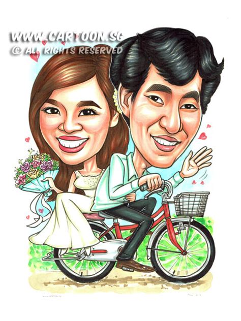 Download 9,800+ royalty free caricature body vector images. Caricature Of Wedding Couple on Red Bicycle In Wedding Attire - Cartoon.SG - Singapore ...