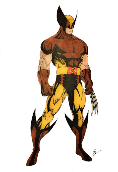 A Drawing Of Wolverine In Yellow And Black With His Hands On His Hips