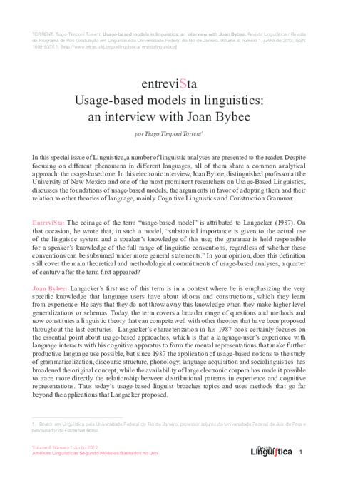 Pdf Usage Based Models In Linguistics An Interview With Joan Bybee
