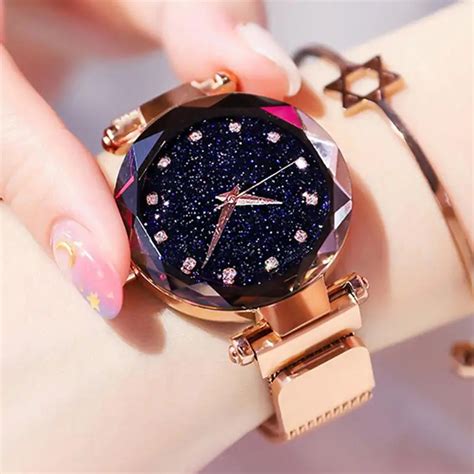 Fashion Rose Gold Starry Sky Women Watch Magnetic Mesh Band Quartz Wristwatch Diamond Watches