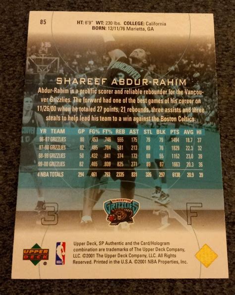 2000 01 Sp Authentic Basketball 85 Shareef Abdur Rahim Vancouver