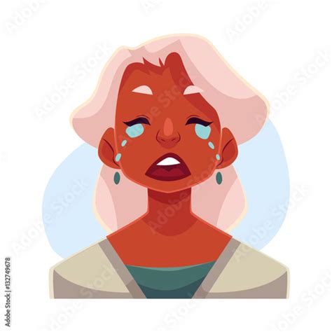 Grey Haired Old African Lady Crying Facial Expression Cartoon Vector