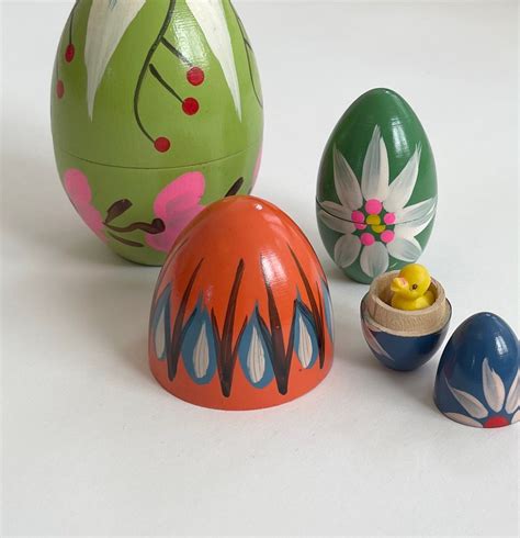 Polish Wooden Nesting Egg Lot Of 4 Hand Painted Eggs Vintage Handmade