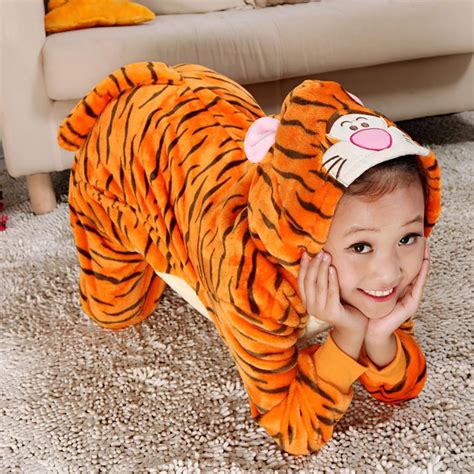 Leisure Flannel Cute Cartoon Animal Orange Tiger Pajamas Children