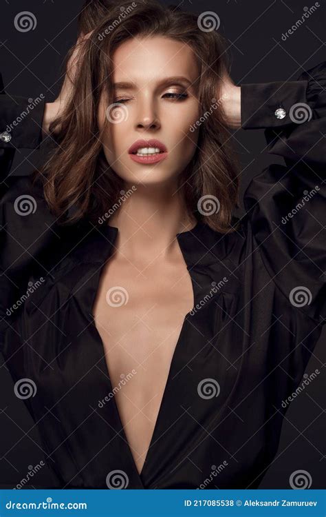 Portrait Of Beautiful Brunette Woman In Black Dress With One Eye Stock Photo Image Of Glamour