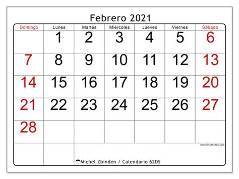 Calendario “62ds” Febrero De 2021 Para Imprimir Michel Zbinden Es