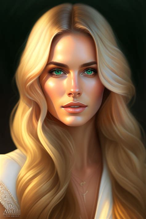 A Digital Painting Of A Woman With Long Blonde Hair And Green Eyes
