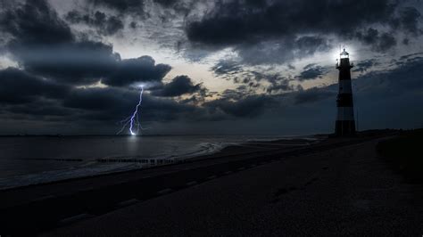 Photos Lightning Nature Lighthouses Sky Bay Coast Night 3840x2160