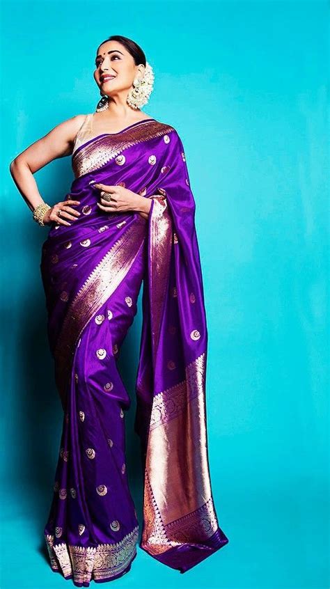 Pin By Filmystani On Madhuri Dixit Banarsi Saree Purple Saree Silk