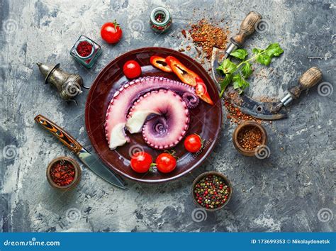 Raw Octopus On Plate Stock Image Image Of Japanese 173699353