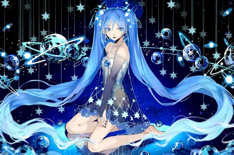 Blue Haired Hatsune Miku Vocaloid Hatsune Miku Stars Twintails Hd