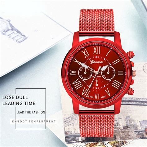 New Red Luxury Mens Watch Stainless Steel Dial Casual Bracele Watch