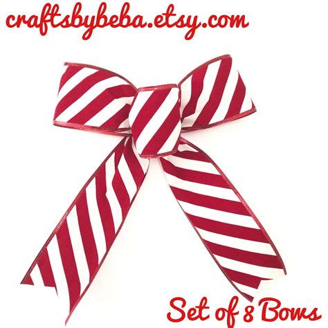 Christmas Peppermint Decorative Bows Set Of 8 Bows Xmas Red And