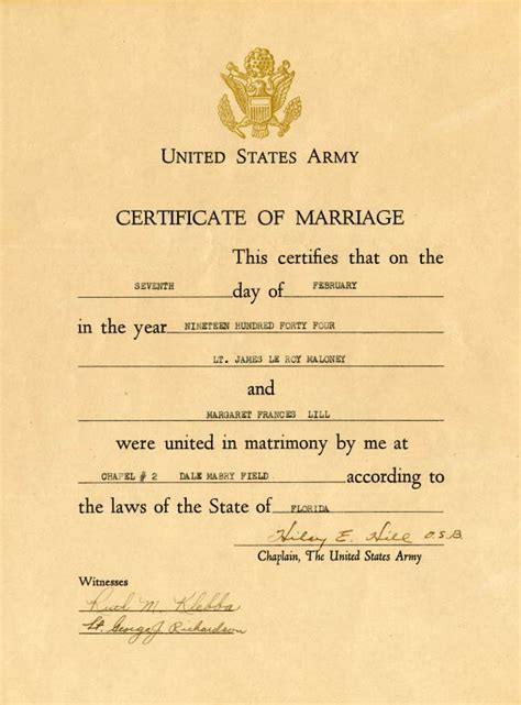 Florida Memory United States Army Certificate Of Marriage For Lt