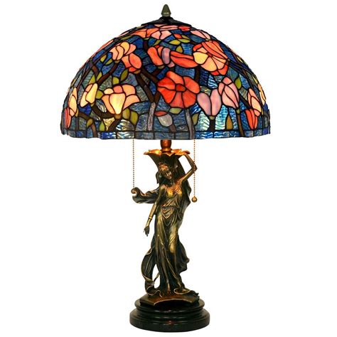 Bieye L10195 16 Inches Magnolia Tiffany Style Stained Glass Table Lamp With 100 Brass Girl Base