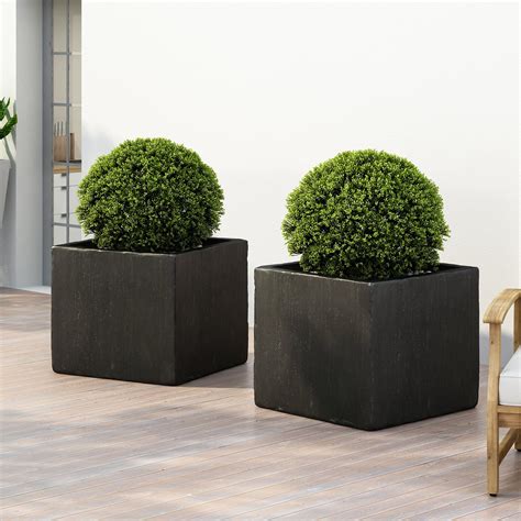 Fardeen Outdoor Modern Cast Stone Square Planters Set Of 2 Concrete