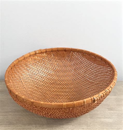 Large Winnowing Basket 16 Round Hand Woven Vintage Bamboo Coastal 