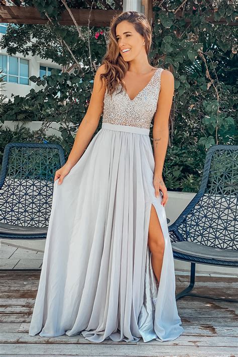 Light Gray Maxi Dress With Silver Jewels Formal Dresses Saved By The Dress