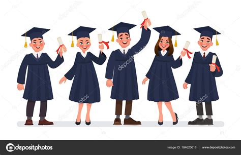 Tapa de graduación y dibujo a mano icono de la escuela. Grupo de estudiantes graduados con diplomas. Ilustración vectorial en estilo de dibujos animados ...