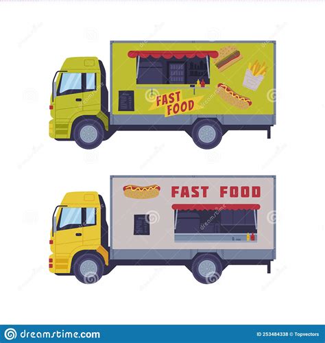 Set Of Dood Trucks Side View Of Vans For Street Food Selling Cartoon