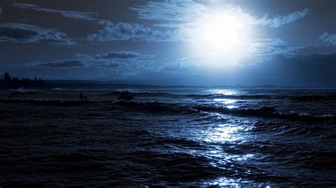 Download Wallpaper 1920x1080 Moon Night Ocean Coast Light Serfer