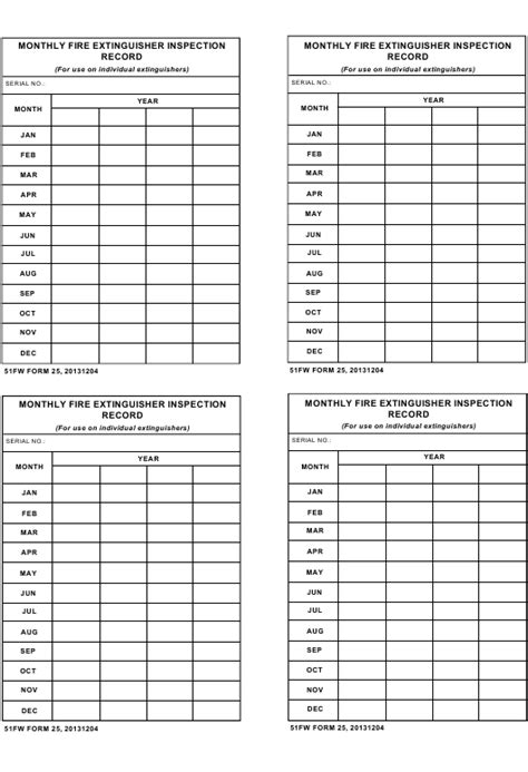 Osha fire extinguisher inspection items. 51 FW Form 25 Download Fillable PDF or Fill Online Monthly Fire Extinguisher Insepction Record ...
