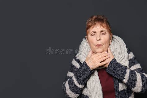 Elderly Woman Coughing Against Dark Background Stock Photo Image Of