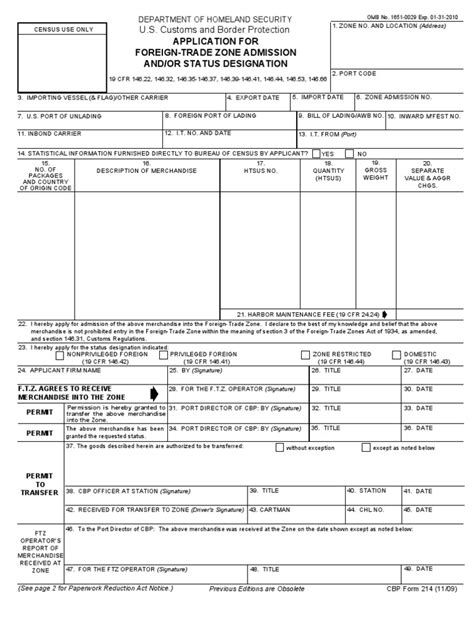 Us Customs Form Cbp Form 214 Application For Foreign