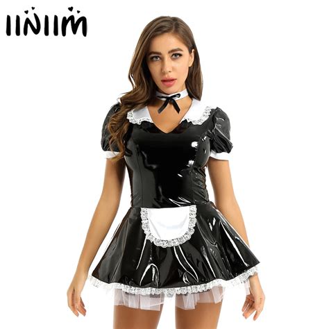 Womens Ladies Sexy Maid Cosplay Costumes Clubwear Short Sleeve Patent