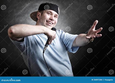 Rap Singer Man With Microphone Cool Hand Gesture Royalty Free Stock