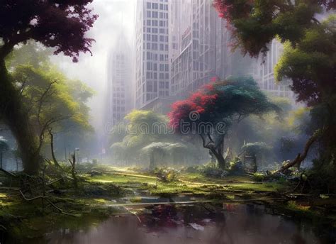 Abandoned Modern City Overgrown With Forest Trees Apocalyptic Fantasy