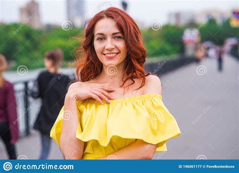 Happy Beautiful Redhead Girl Walking In The Park Stock Image Image