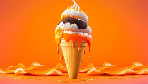 Melting Ice Cream Cone On Soft Orange Background In Studio Generative