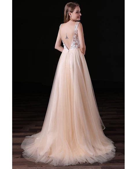 A Line V Neck Sweep Train Tulle Prom Dress With Lace A014 10899
