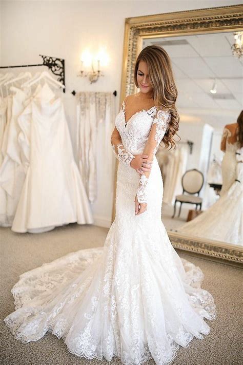 Plunging V Neckline Tulle Mermaid Wedding Dresses Lace Long Sleeves