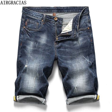 Airgracias Summer New Cotton Denim Shorts Men Jeans Bermuda Knee Length Solid Blue Elastic Male