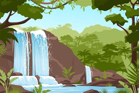 Premium Vector Waterfall Jungle Landscape Tropical Natural Scenery