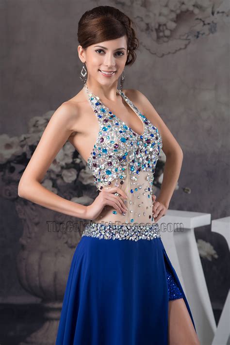 Sexy Halter See Through Royal Blue Evening Dress Prom Gown
