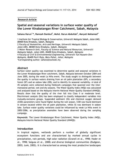 Lake and reservoir water quality standards in malaysia, there is no specific national standard or index for lake water quality as of year 2014. (PDF) Spatial and seasonal variations in surface water ...