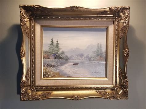 Vintage Oil Painting Lake Cabin Mountains Framed Signed R Hartman Gilt